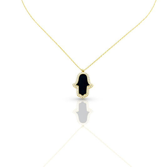 Black Enamel Hamsa Hand with surrounded with CZ Diamond Stones
