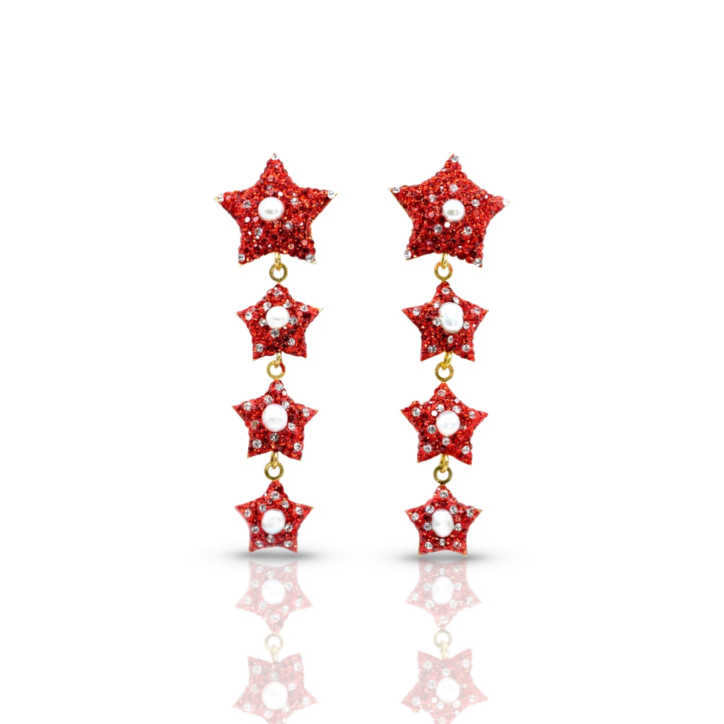 Dangling Four Red Star Earring with Pearl