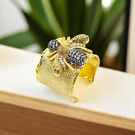 Gold Wide Band Bumble Bee Ring