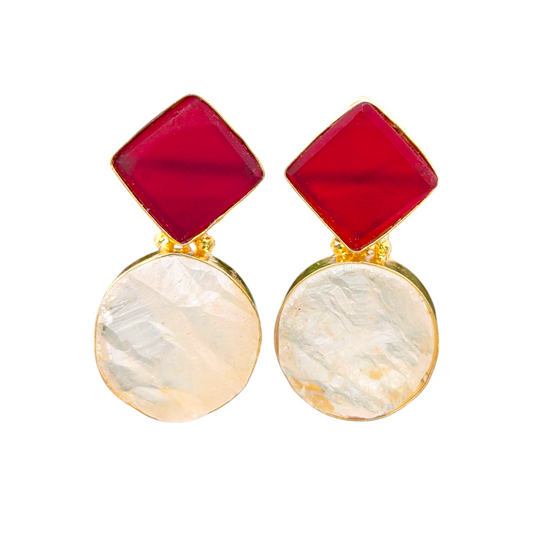 Round and diamond-shaped gold-plated stud earrings with multicolor enamel accents