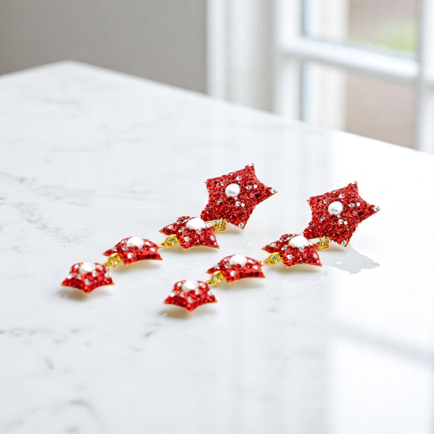 Dangling Four Red Star Earring with Pearl