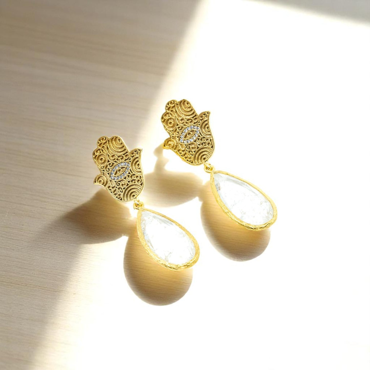 Hamza Earring with White Teardrop Stone in gold