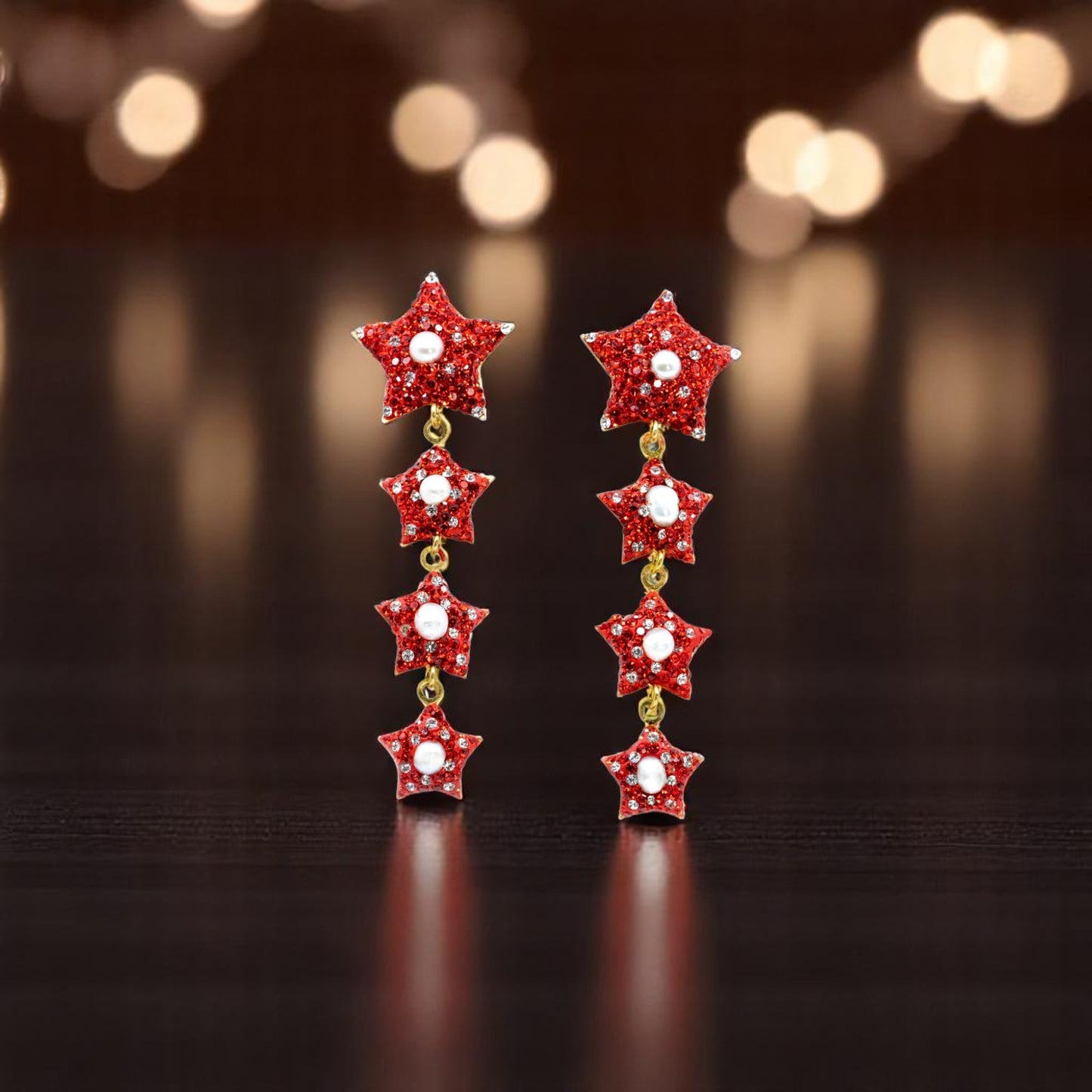 Dangling Four Red Star Earring with Pearl