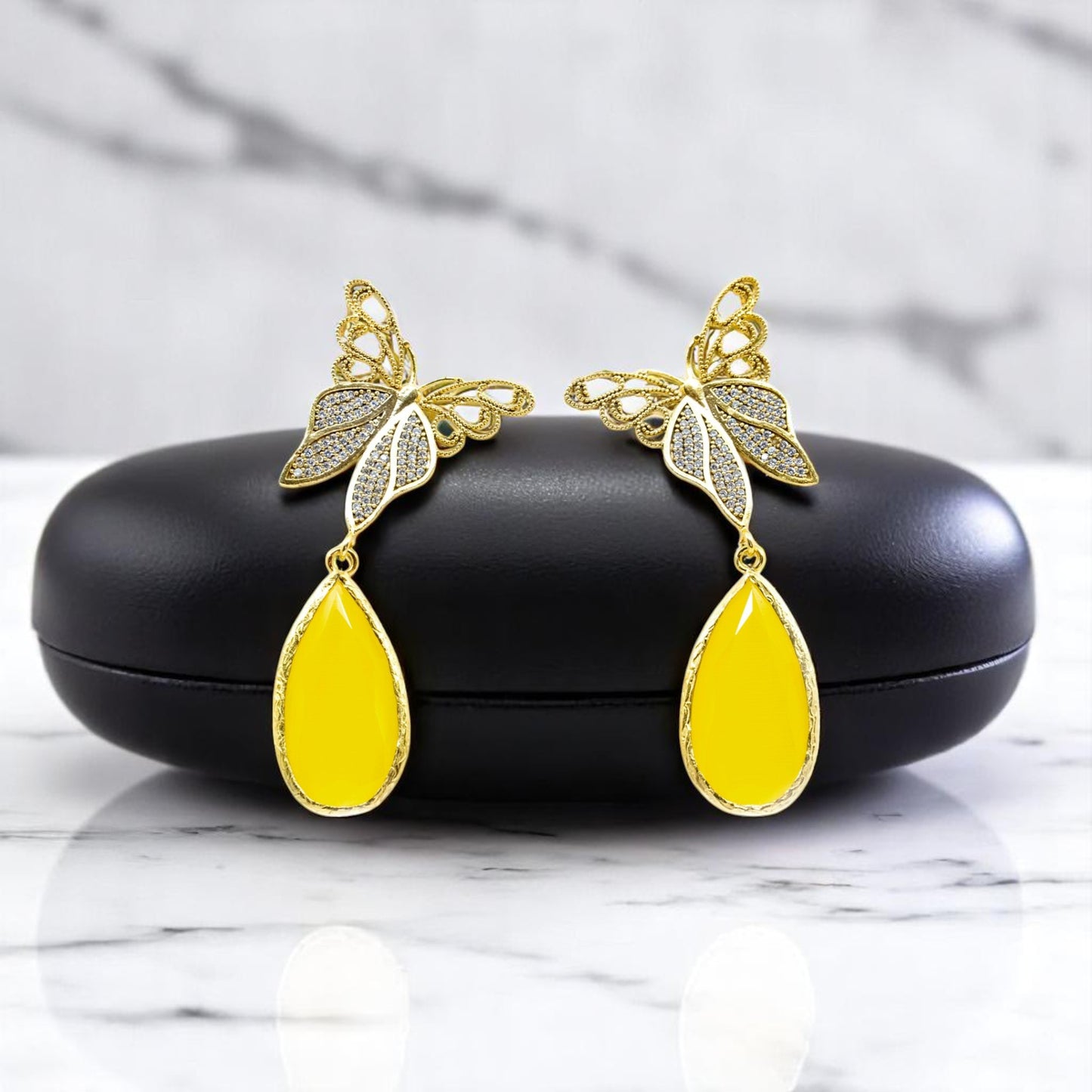 Dangling Butterfly Earring with Yellow Stone