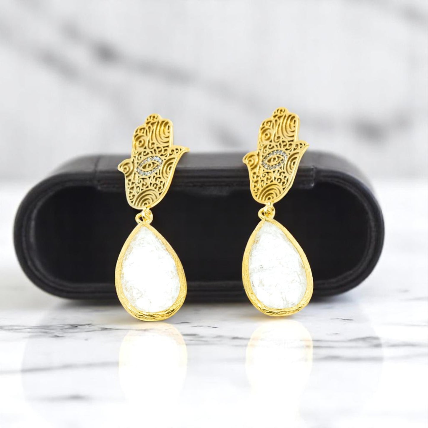 Hamza Earring with White Teardrop Stone in gold