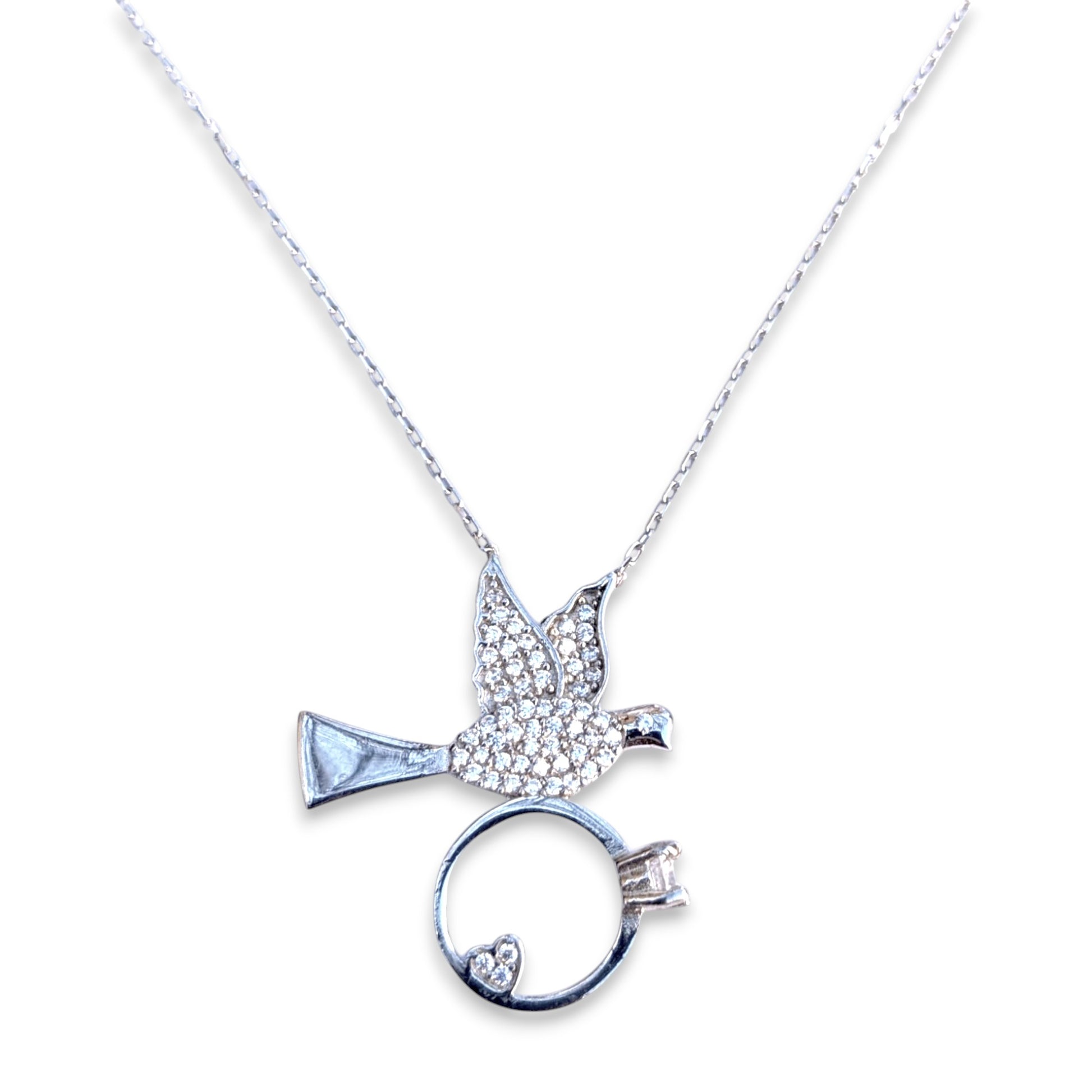 dove necklace with heart ring and cubic zirconia stones
