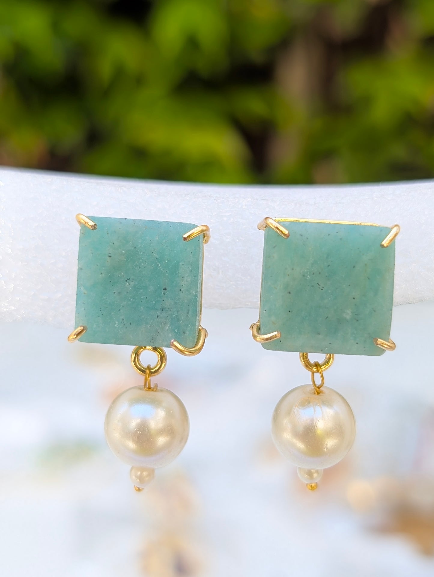 Green Chalcedony and Pearl Handmade Gold Earrings