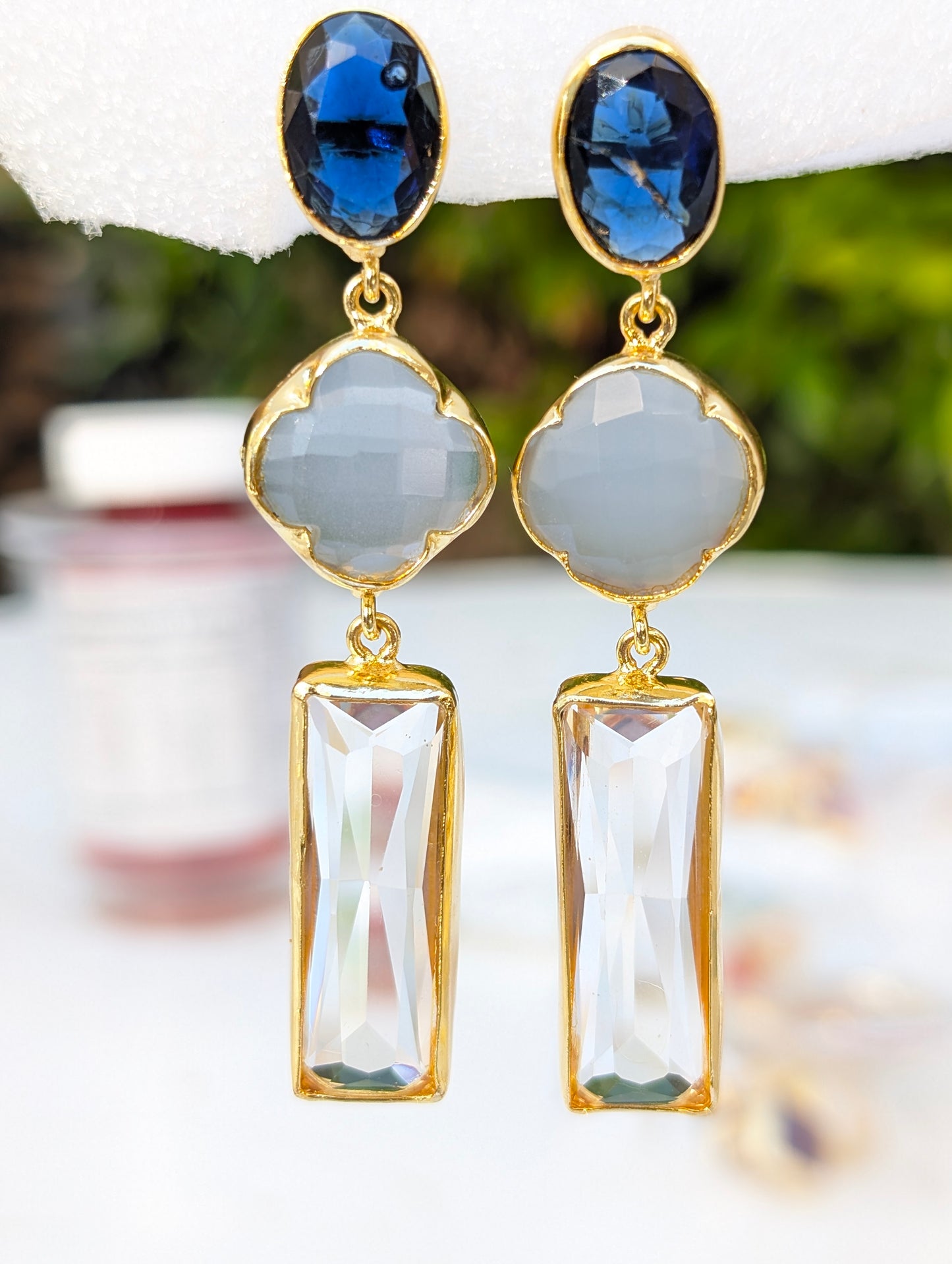 Blue and White CZ Stone Handmade Gold Stud Earrings