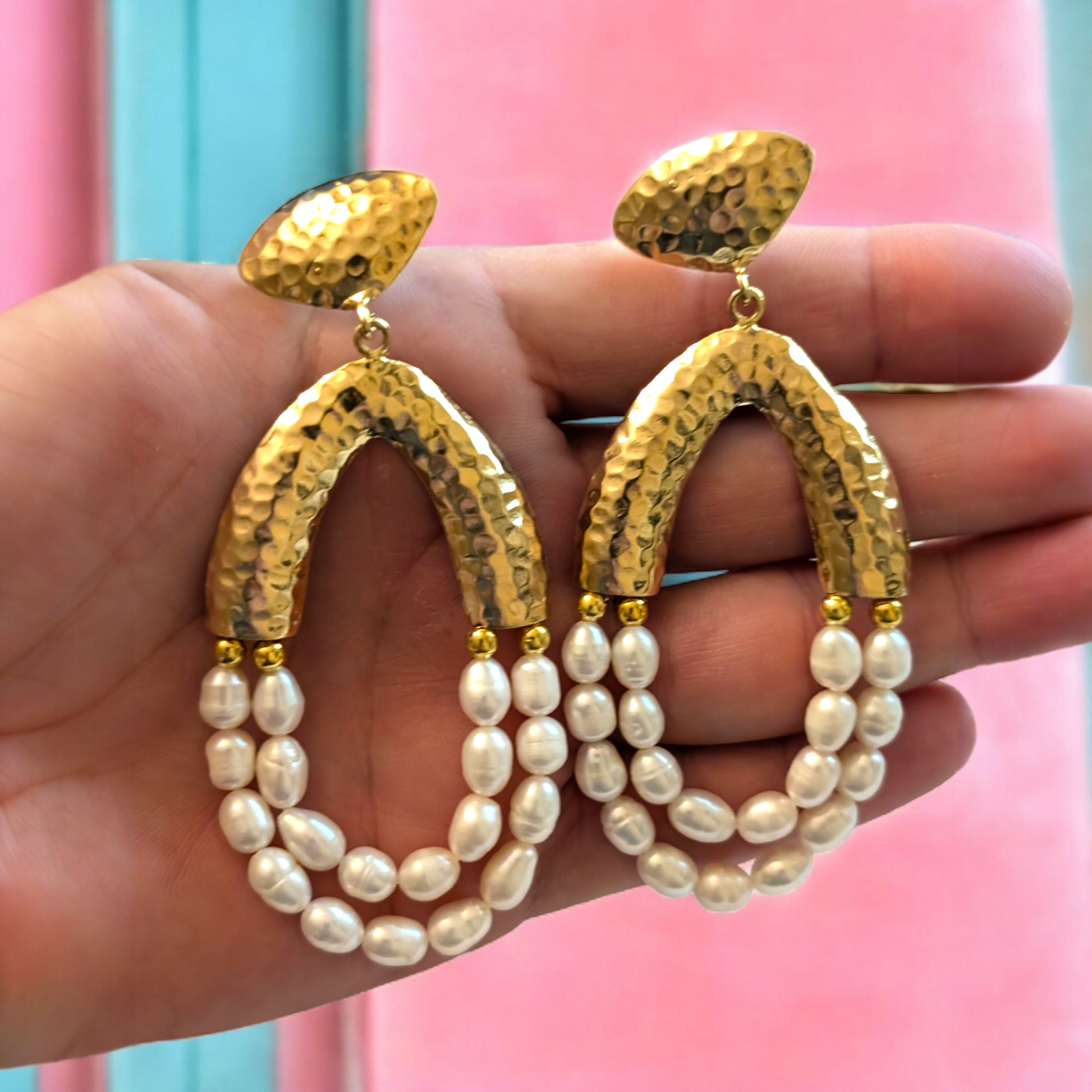 pearl chandelier earrings 18K gold-plated hammered teardrop earing