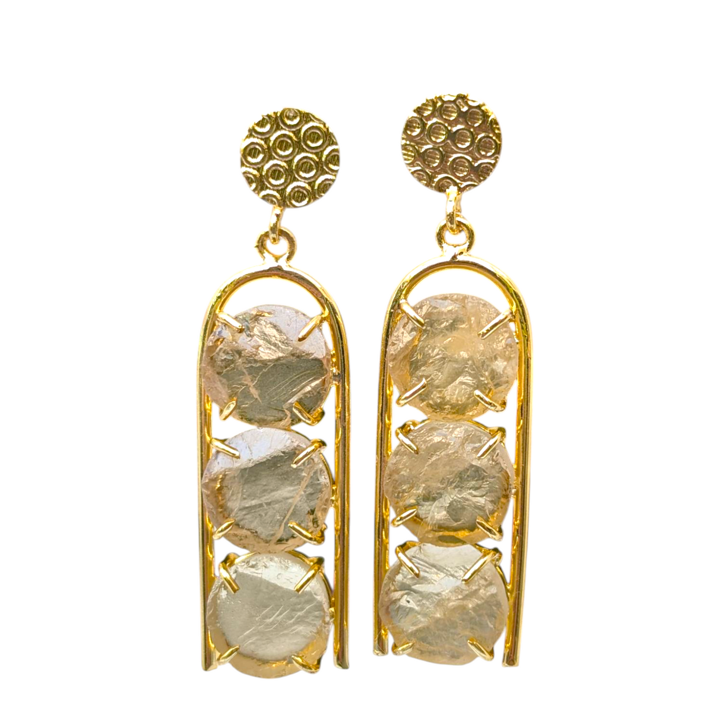 Triple Rough Quartz Stone Handmade Gold Earrings
