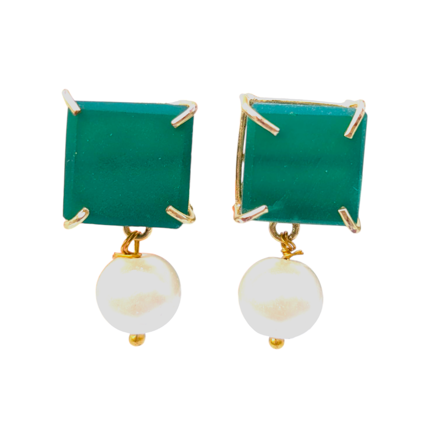 Green Chalcedony and Pearl Handmade Gold Earrings
