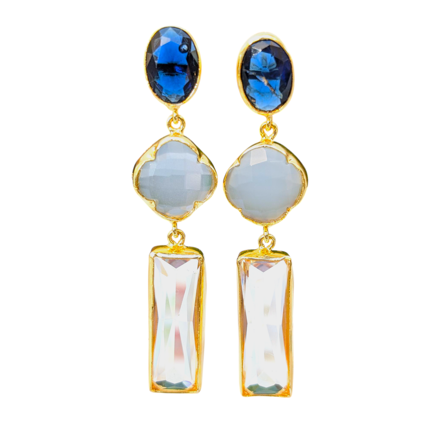 Blue and White CZ Stone Handmade Gold Stud Earrings