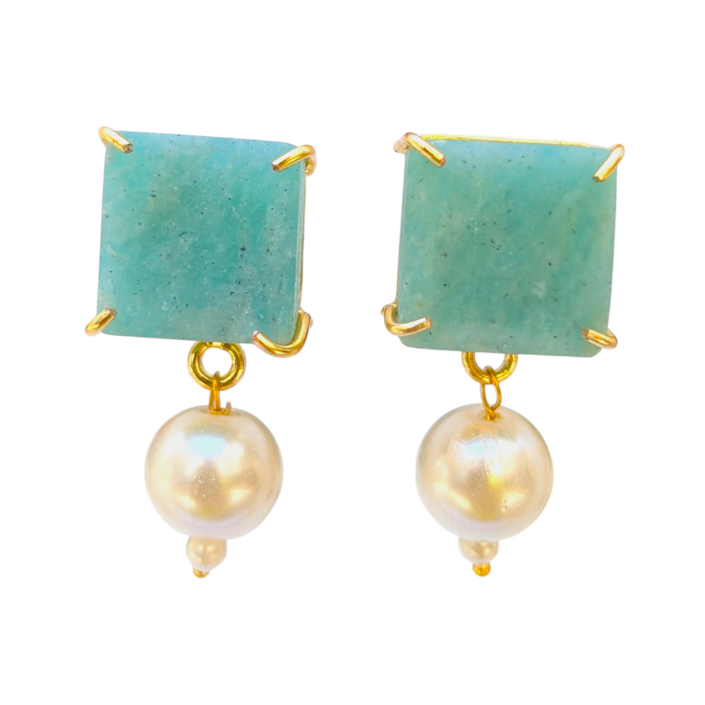 Green Chalcedony and Pearl Handmade Gold Earrings