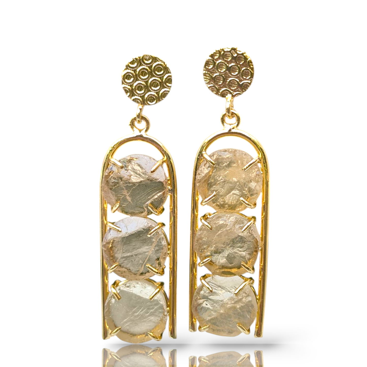 Triple Rough Quartz Stone Handmade Gold Earrings