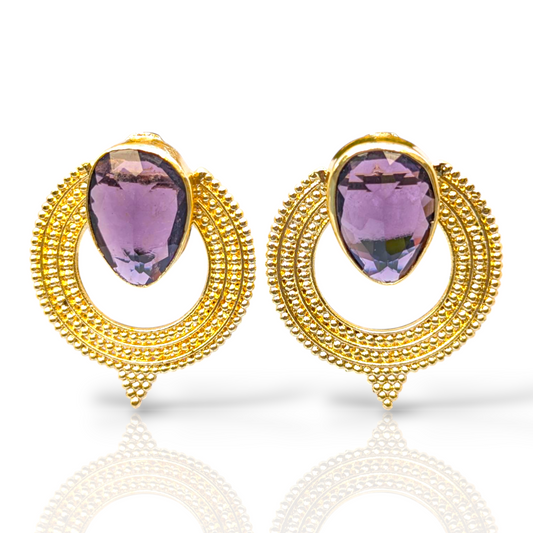Purple CZ Handmade Gold Stud Earrings