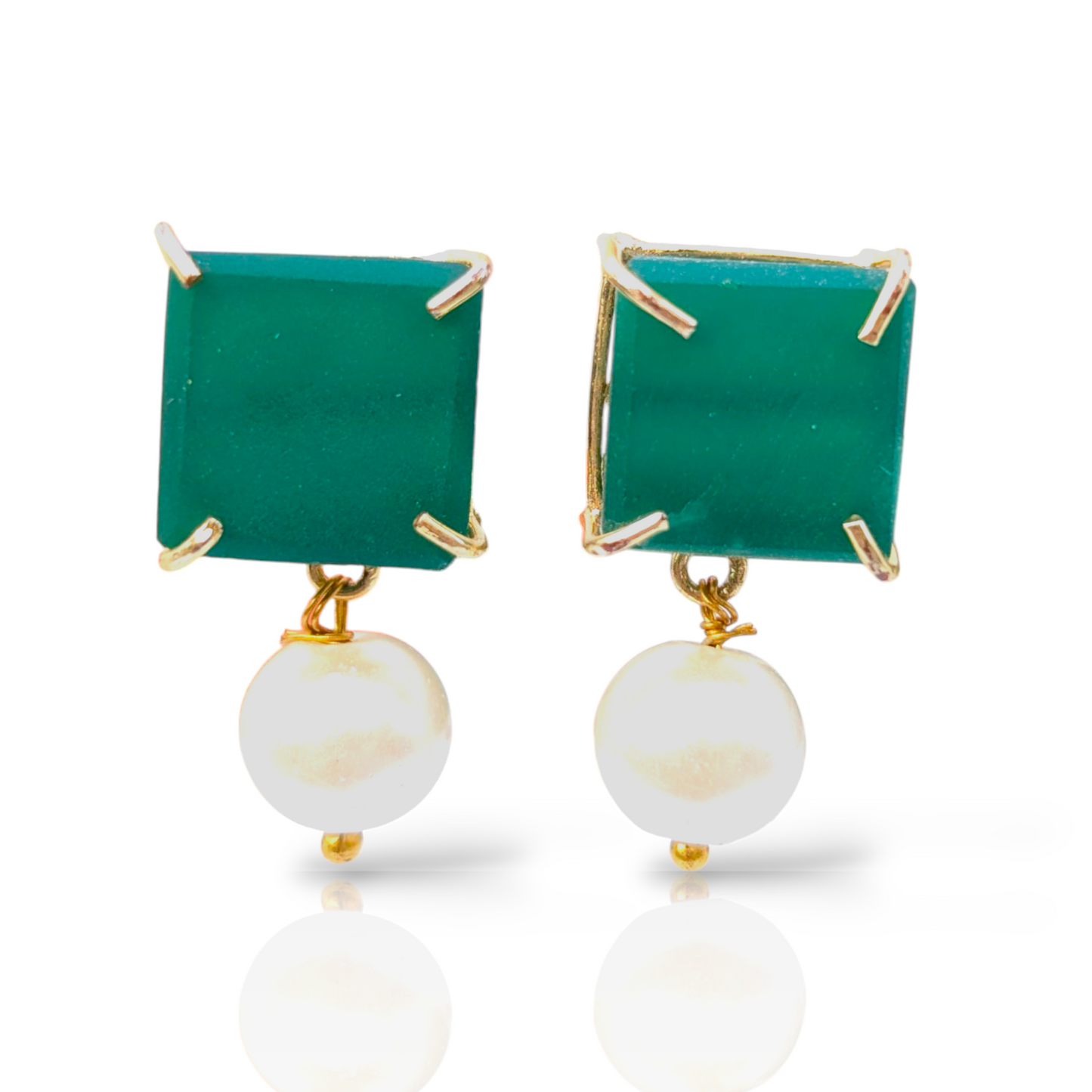 Green Chalcedony and Pearl Handmade Gold Earrings
