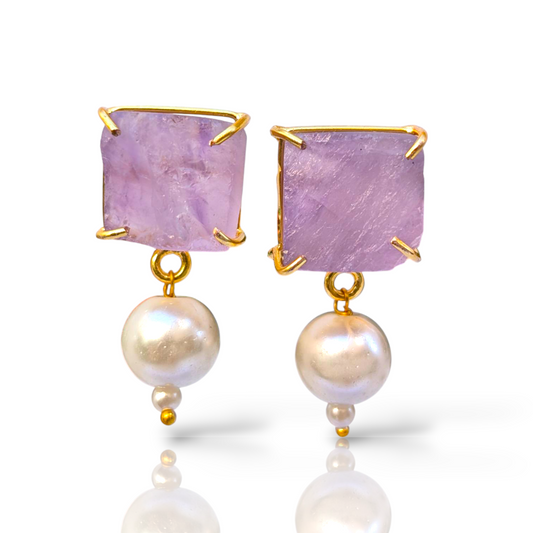 Rough Amethyst and Pearl Handmade Gold Earrings