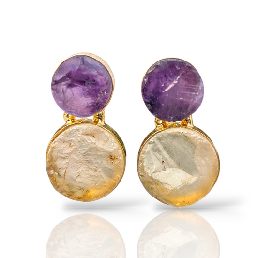 Rough Amethyst and Rough Crystal Quartz Handmade Gold Earrings