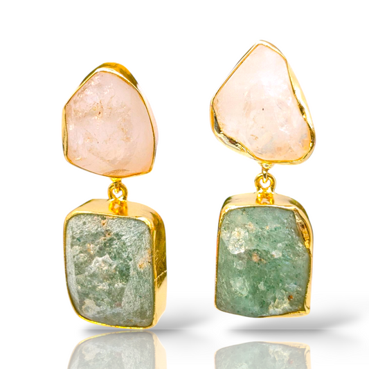 Rough Rose Quartz and Rough Apatite Handmade Gold Earrings