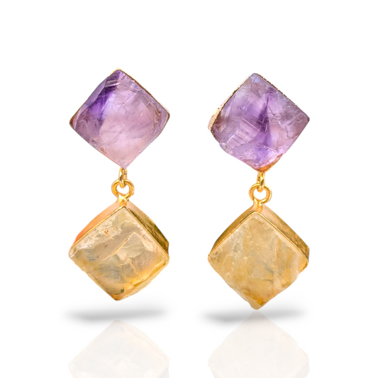 Rough Amethyst and Rough Citrine Handmade Gold Earrings