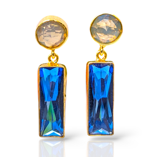 Blue and White CZ Handmade Gold Earrings