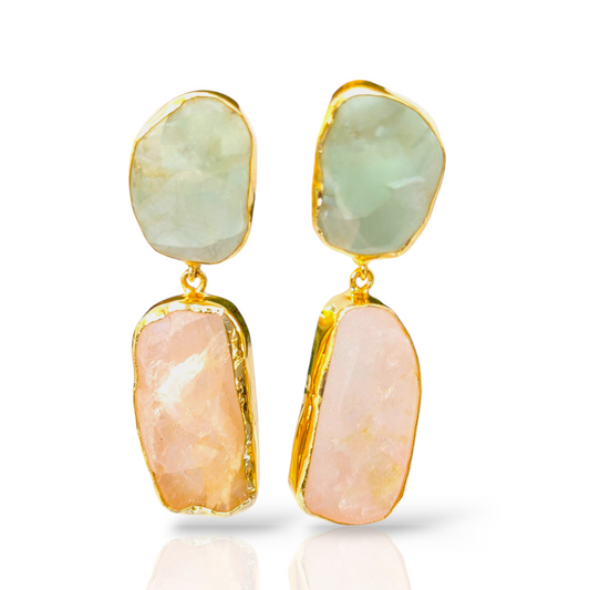 Rough Apatite and Rough Rose Quartz Stone Handmade Gold Stud Earrings