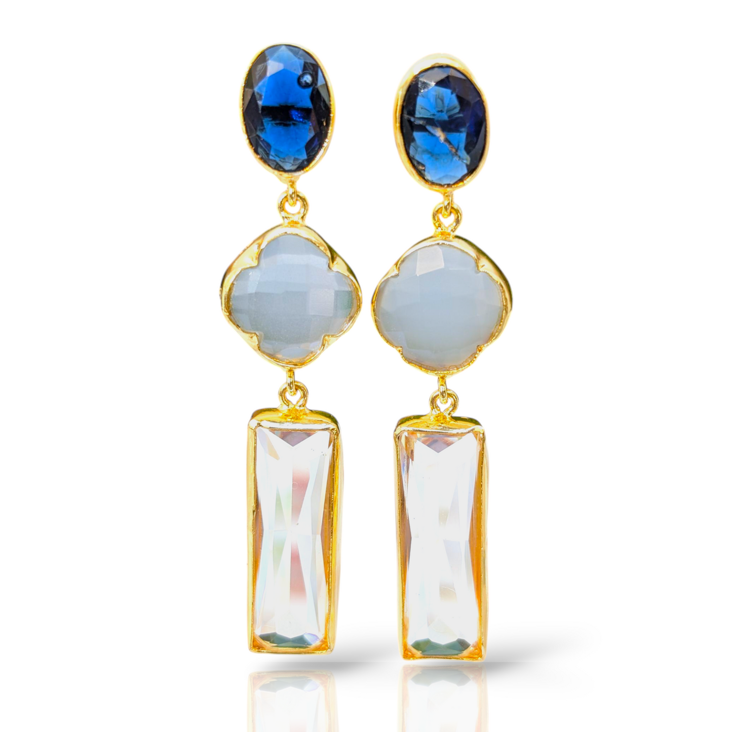 Blue and White CZ Stone Handmade Gold Stud Earrings