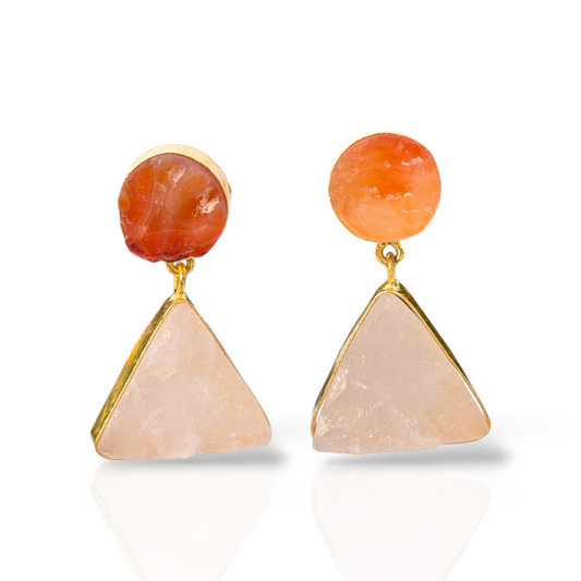 Rough Rose Quartz and Carnelian Gold Earrings