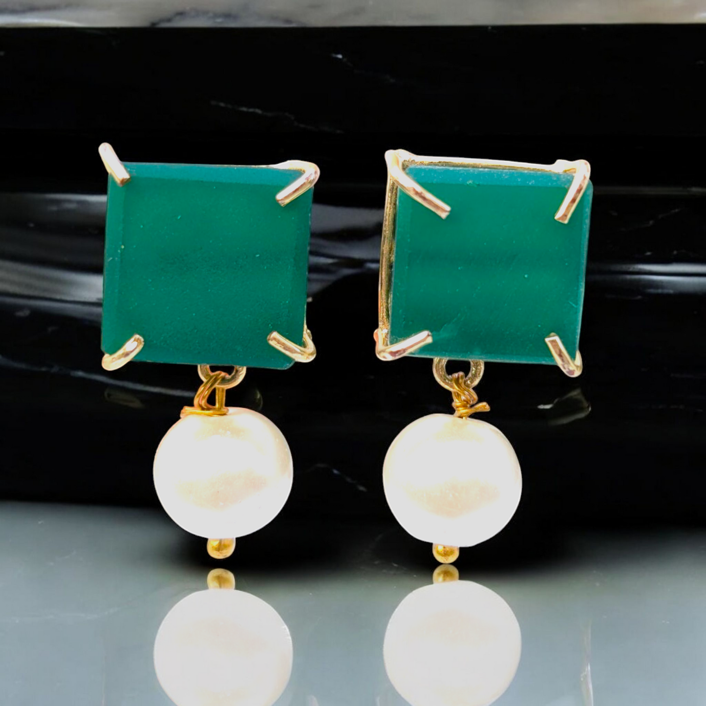 Green Chalcedony and Pearl Handmade Gold Earrings