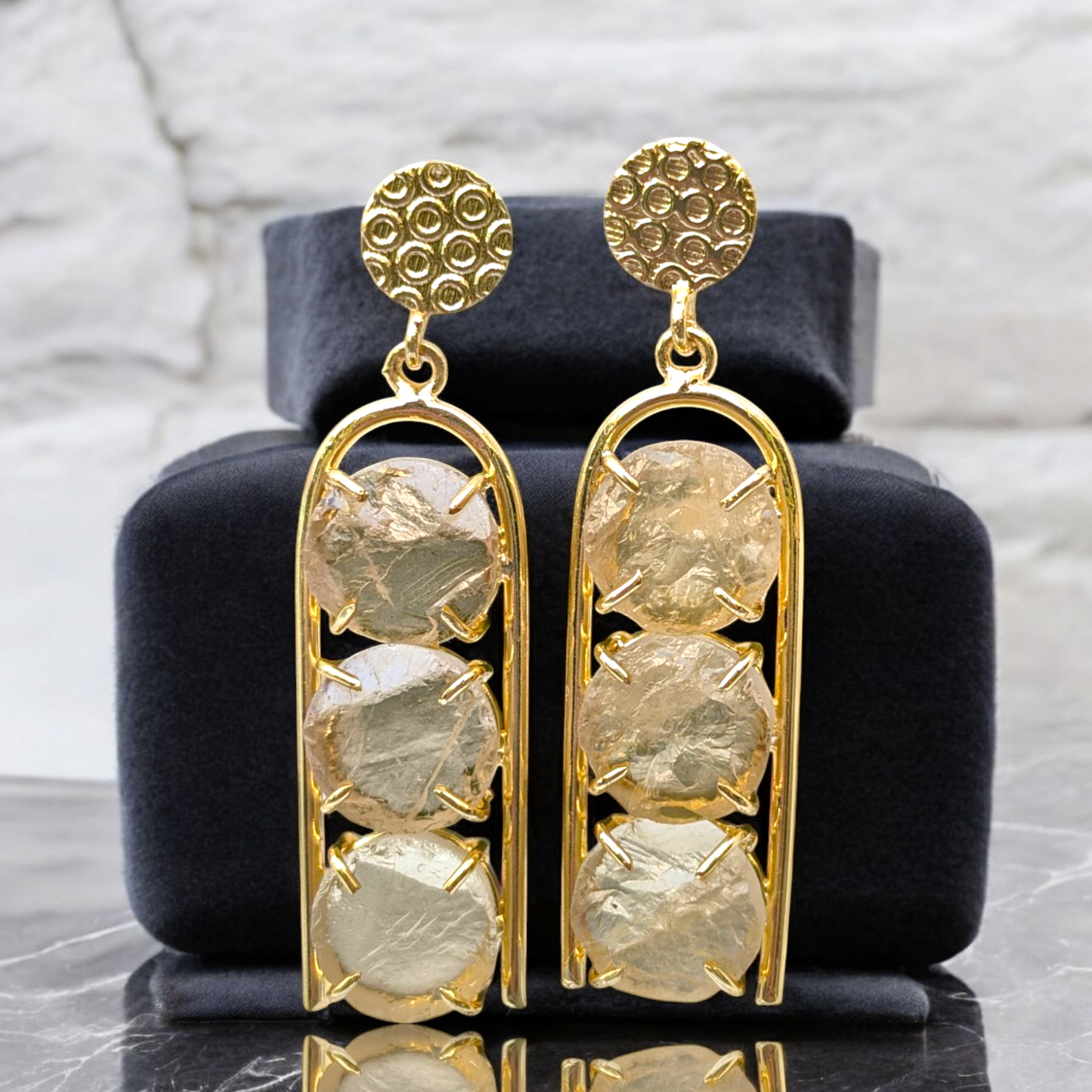 Triple Rough Quartz Stone Handmade Gold Earrings