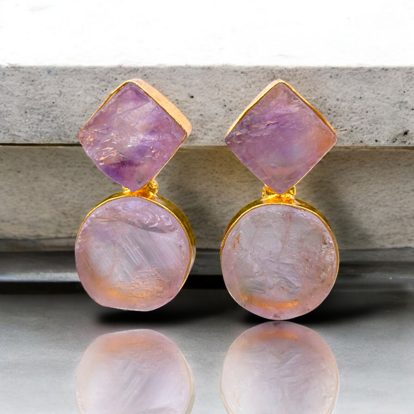 Rough Amethyst Handmade Gold Earrings