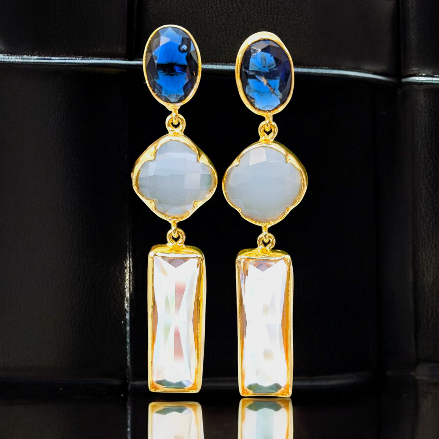 Blue and White CZ Stone Handmade Gold Stud Earrings