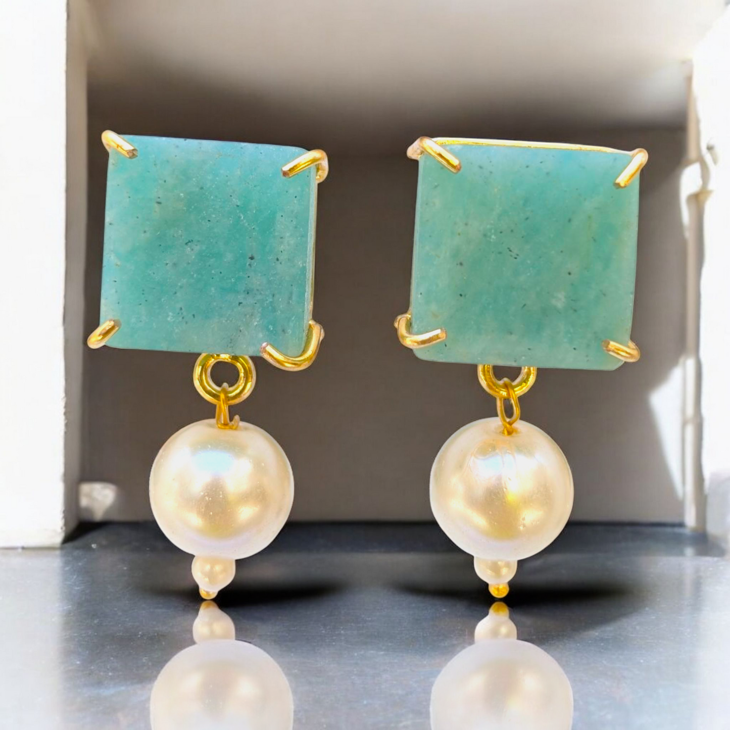 Green Chalcedony and Pearl Handmade Gold Earrings