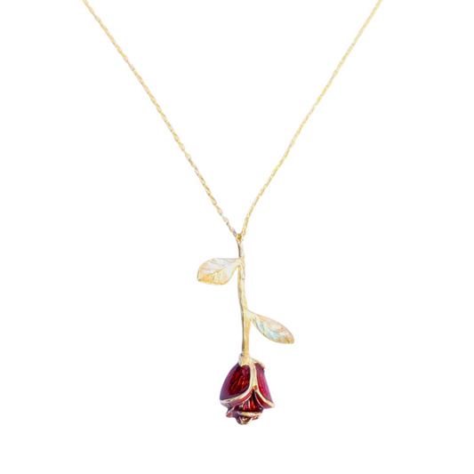 Delicate rose pendant necklace with red enamel bloom and silver chain