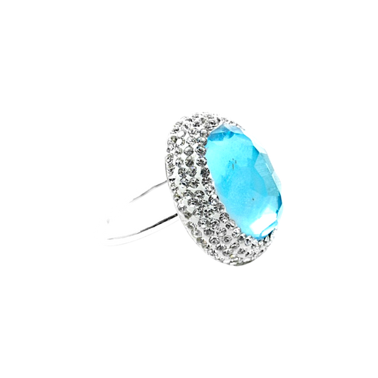 Round Baby Blue Stone Ring with Hematite Trim