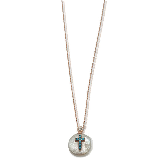 Dainty Diamond Cross Pearl Necklace