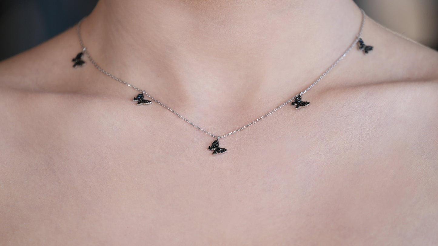 Five Black Butterfly Necklace with Silver Chain