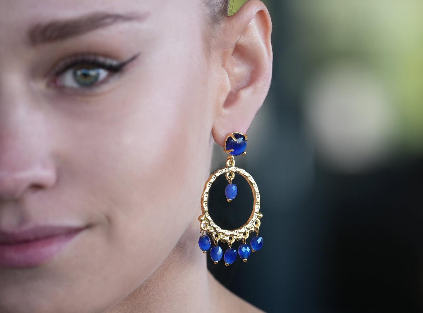 Dangling Hoop Earring with Blue stones