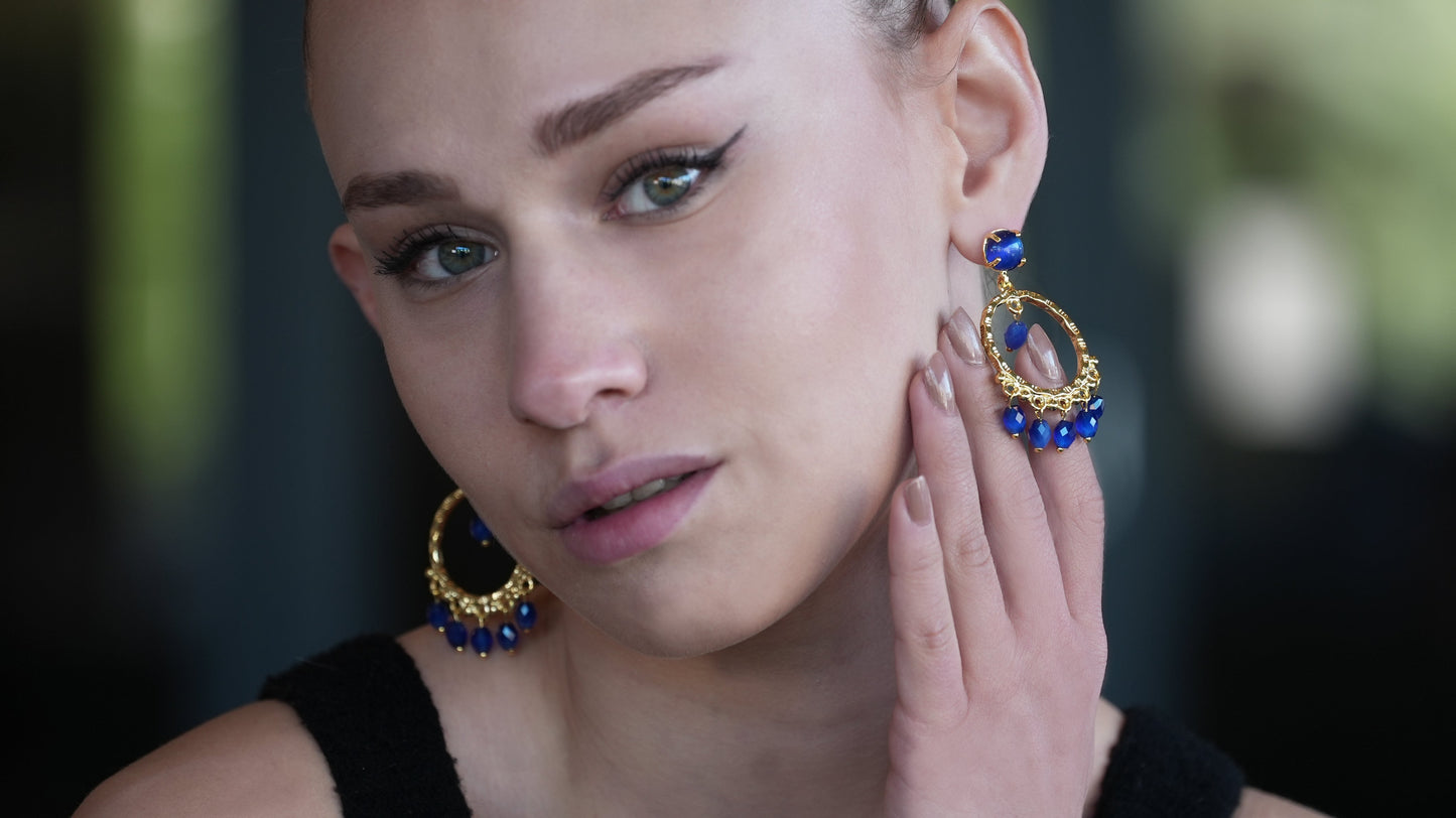 Dangling Hoop Earring with Blue stones