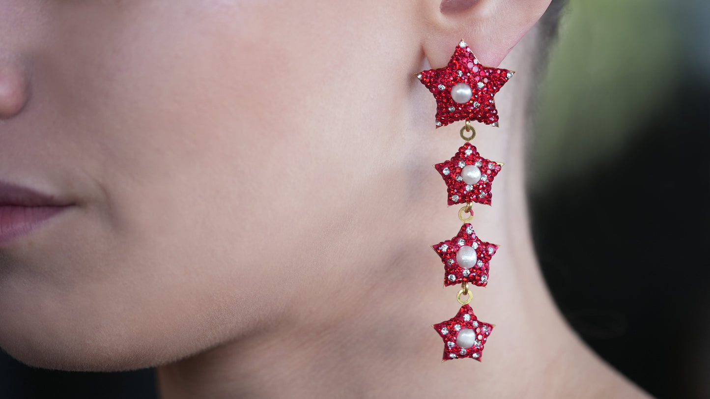 Dangling Four Red Star Earring with Pearl