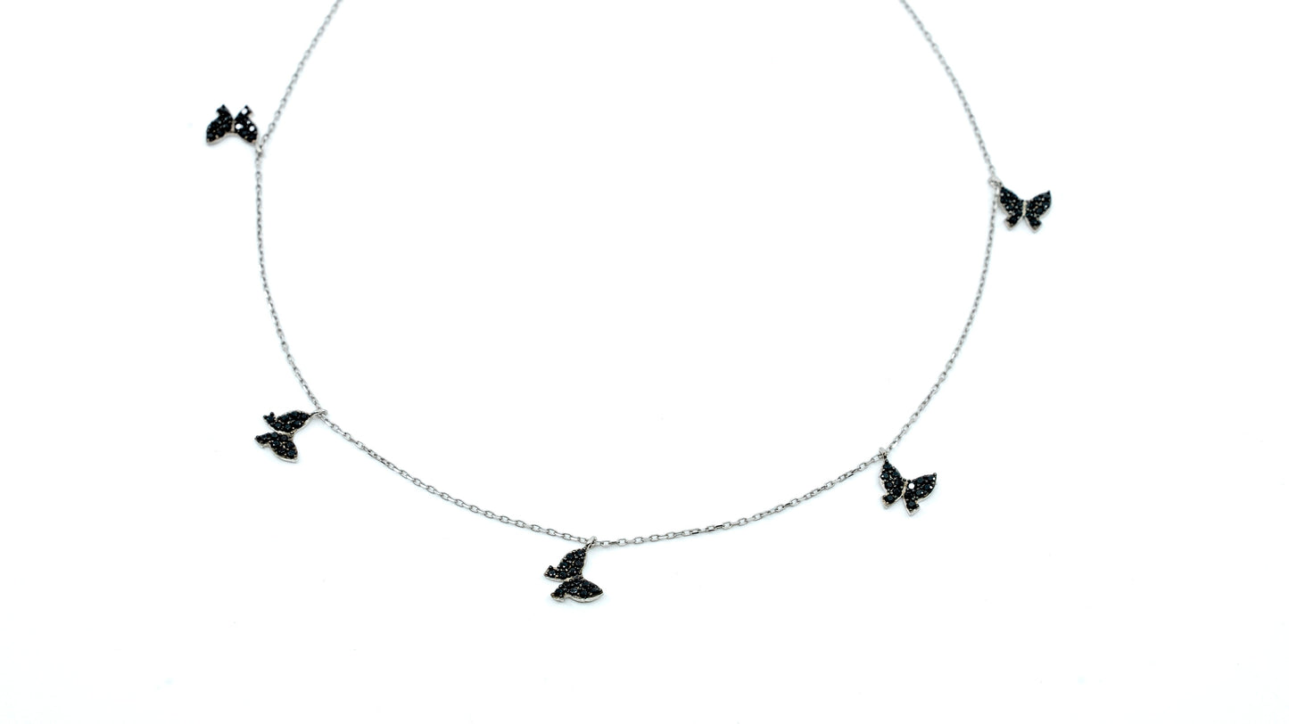 Five Black Butterfly Necklace with Silver Chain