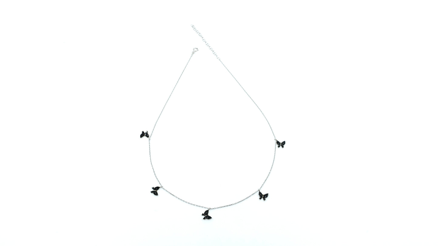 Five Black Butterfly Necklace with Silver Chain