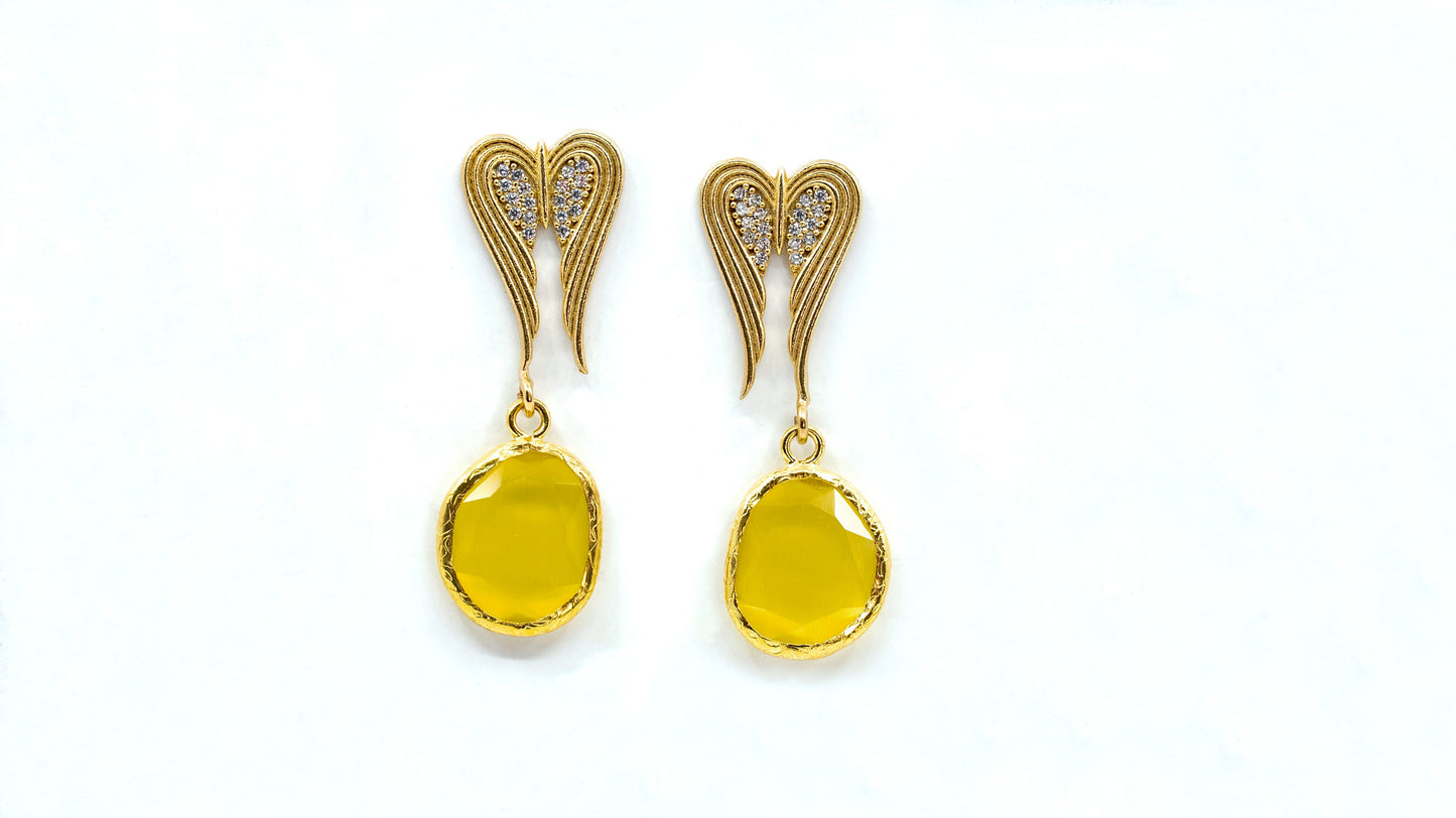 Dangling Heart Earring with Yellow Oval Stone