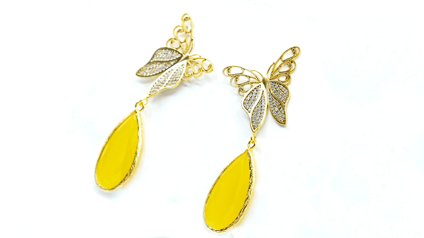 Dangling Butterfly Earring with Yellow Stone