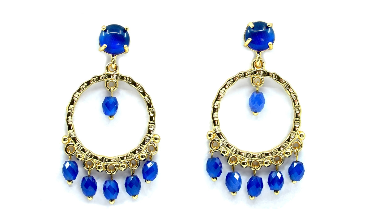 Blue Dangle Gold Earrings