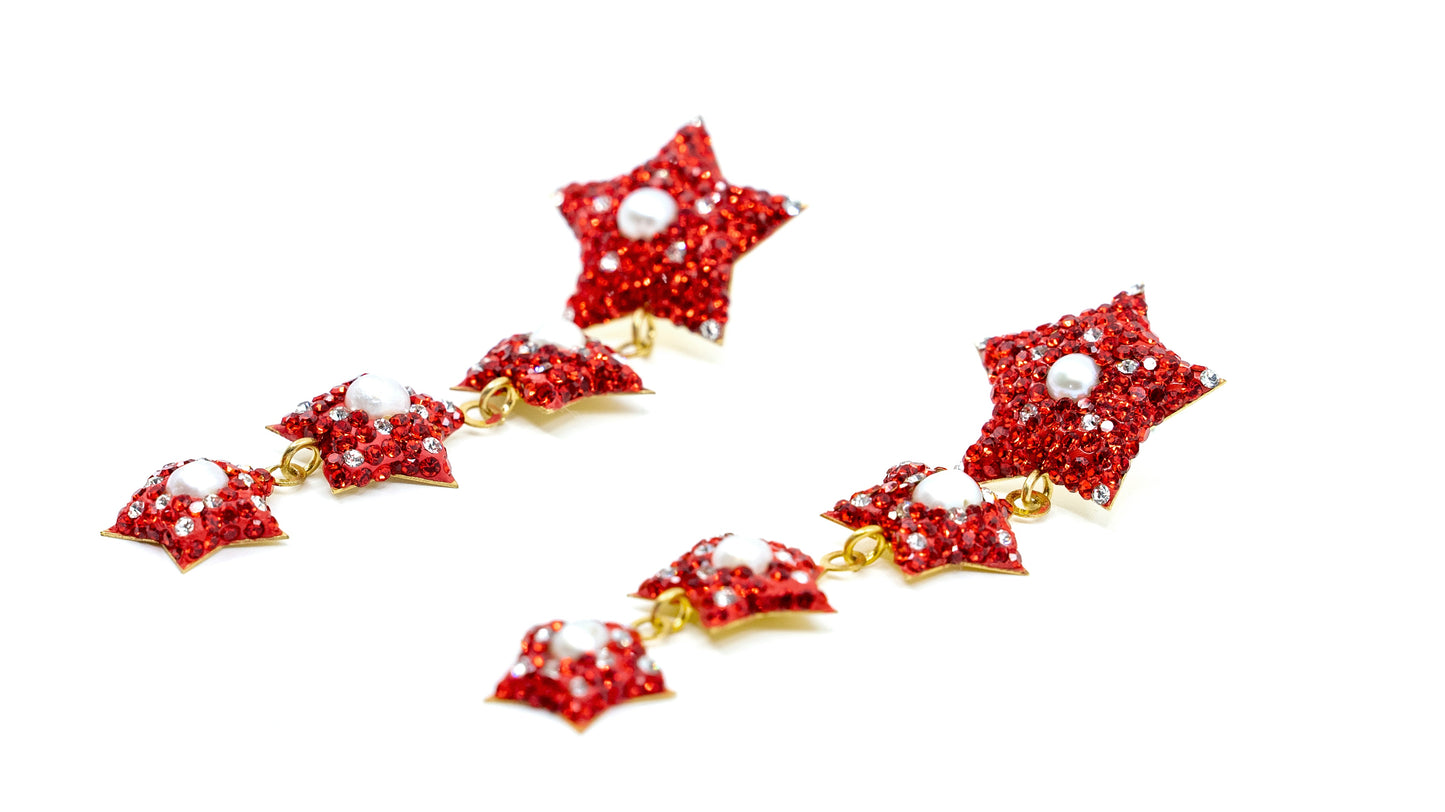 Dangling Four Red Star Earring with Pearl