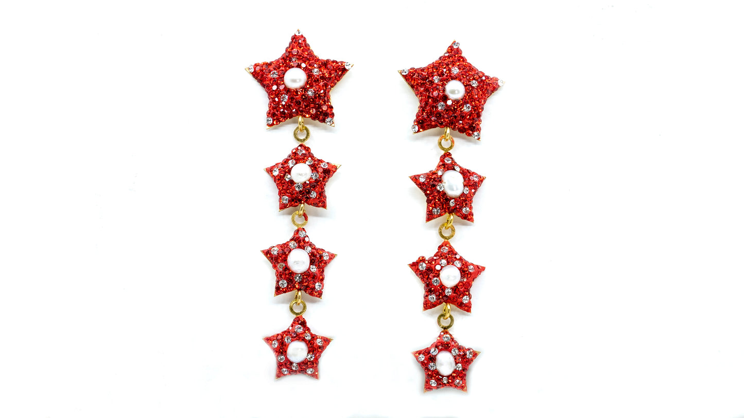 Dangling Four Red Star Earring with Pearl