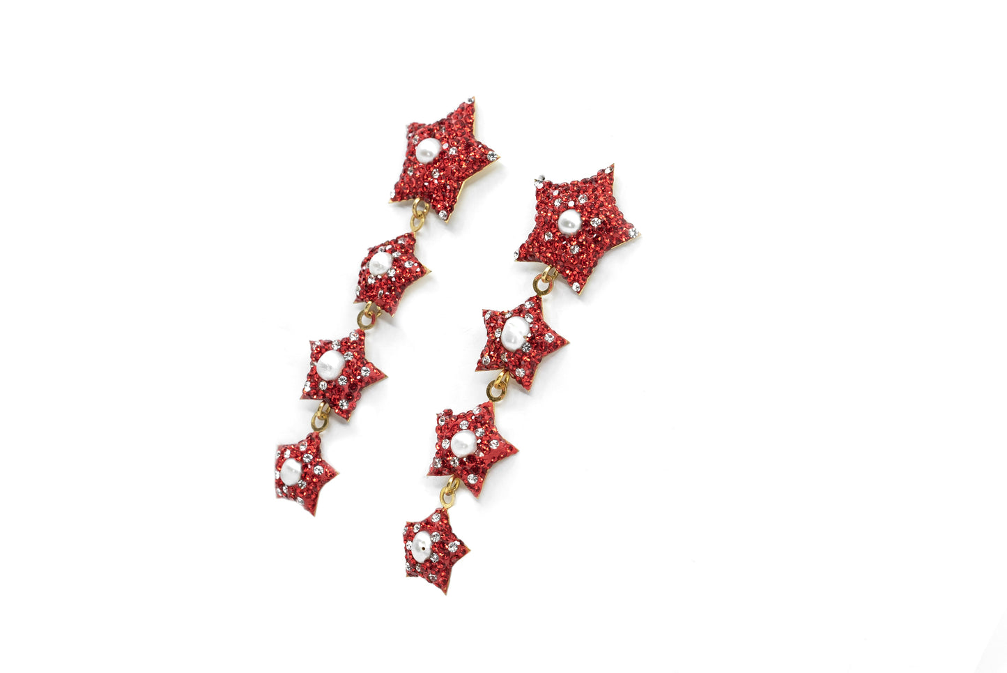 Dangling Four Red Star Earring with Pearl