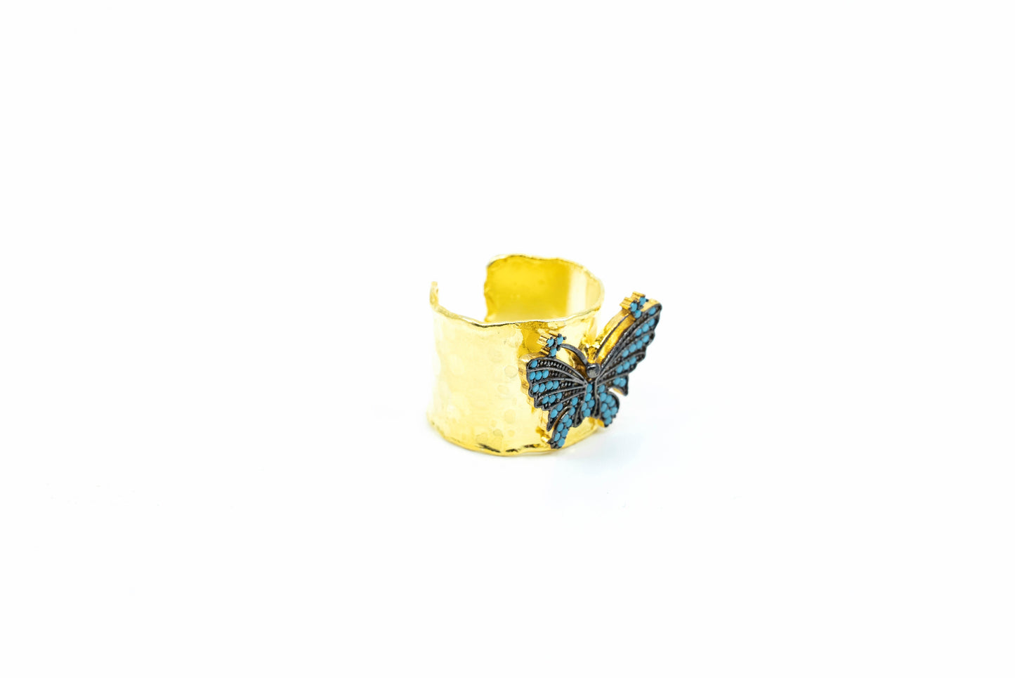 Wide Band Butterfly Ring With Blue CZ Diamonds