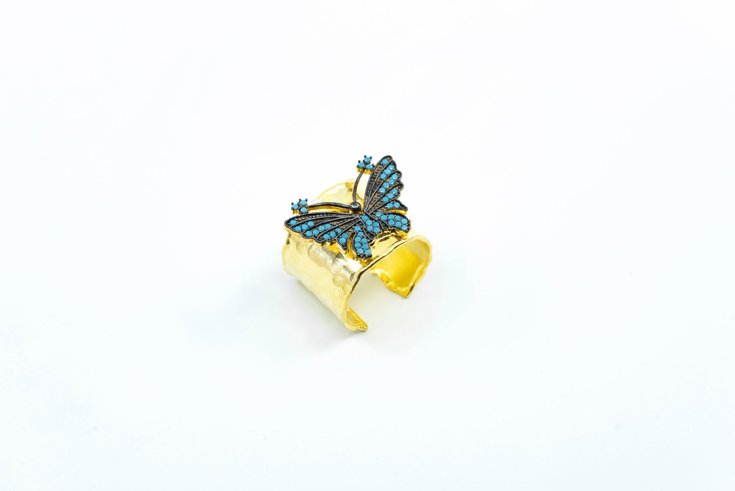 Wide Band Butterfly Ring With Blue CZ Diamonds